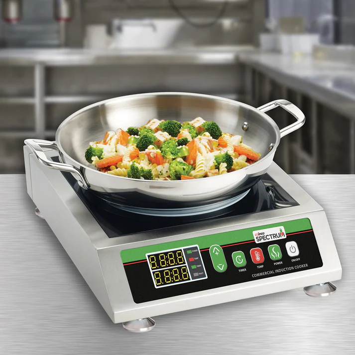 (120V NEMA 5-15P, 120V NEMA 5-20P, 24PV NEMA 6-20P) Commercial Countertop Induction Cooker 2/Pack featuring digital controls for wattage and temperature, this induction cooking technology offers the heat responsiveness of a gas burner with the even heating of an electric burner for a truly superior cooking experience. With induction cooking, only the pan gets hot reducing the risk of accidental burns. A 150-minute timer offers a convenient automatic shutoff. Easy clean ceramic glass top wipes clean.