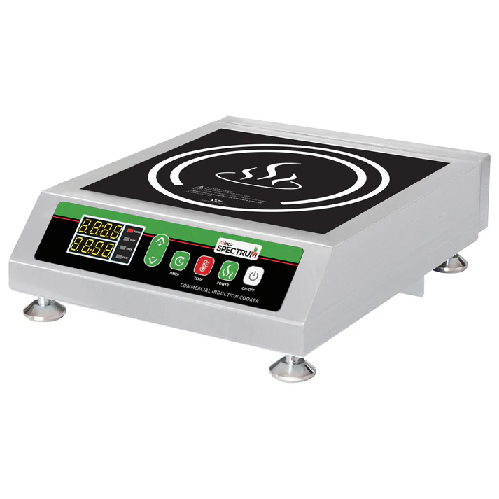 (120V NEMA 5-15P, 120V NEMA 5-20P, 24PV NEMA 6-20P) Commercial Countertop Induction Cooker 2/Pack featuring digital controls for wattage and temperature, this induction cooking technology offers the heat responsiveness of a gas burner with the even heating of an electric burner for a truly superior cooking experience. With induction cooking, only the pan gets hot reducing the risk of accidental burns. A 150-minute timer offers a convenient automatic shutoff. Easy clean ceramic glass top wipes clean.