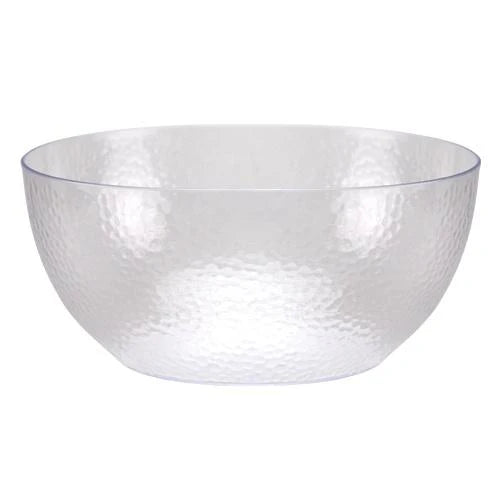 A large 140oz pebbled clear serving bowl with a textured surface, perfect for elegantly presenting salads, fruits, or snacks at buffets, events, and family meals.