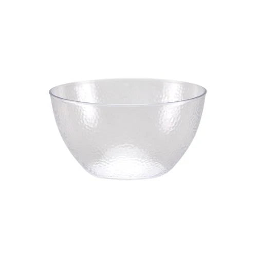 A stylish 30 oz. pebbled clear serving bowl with a textured surface, perfect for elegantly presenting salads, fruits, or snacks at home, events, or dining tables.
