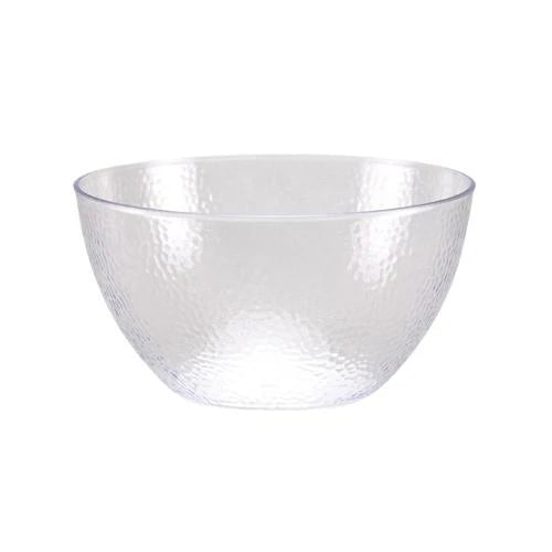 A durable 60oz pebbled clear serving bowl featuring a textured design, perfect for serving large portions of salads, fruits, or snacks at dining tables and events.