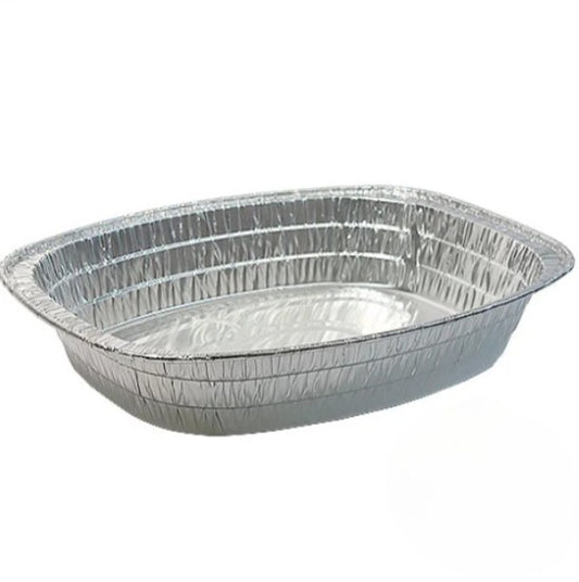 Extra-large oval aluminum roaster for roasting turkey, chicken, and meats. Heavy-duty, disposable, oven-safe foil pan. Ideal for baking, catering, and large meals. Leak-proof and durable.