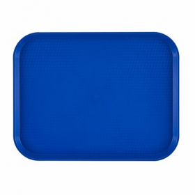fast food tray 14" x 17-3/4" in a blue color, stanton trading. It lightweight and stackable with textured surface to help prevent spills and raised edges for secure handling. Made from durable polypropylene material, ideal in cafeterias, fast food restaurants, and self-service dining areas.