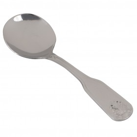 seaside bouillon spoon, stainless steel stanton trading 6 1/4" heavy weight, durable flatware set with elegant shell and coastal inspired design handle enhances any table setting.