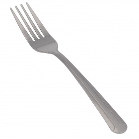 dominion dinner fork, medium weight, stainless steel stanton trading 7 1/8" high quality flatware set with a classic lined handle design, ideal for casual meals or formal occasions.