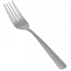 dominion salad fork, medium weight, stainless steel stanton trading 6 1/8" high quality flatware set with a classic lined handle design, ideal for casual meals or formal occasions.
