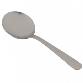 Stanton Trading FL145-04 windsor bouillon spoon 5-7/8", heavy weight, stainless steel with a polished finish. It has a round, shallow bowl designed for sipping broths and soups. The handle is smooth, flat, and narrow, following the simple and classic Windsor style, perfect for formal and casual dining settings.