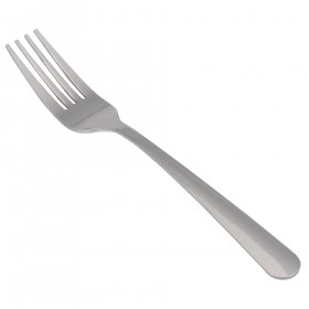 Stanton Trading FL145-05 windsor dinner fork 7", heavy weight, stainless steel, pack of 12 with a polished look, minimalist design. It features four evenly spaced tines that are slightly tapered. The handle is smooth, flat, and narrow, maintaining a classic look, perfect for main courses in both casual and formal dining settings.