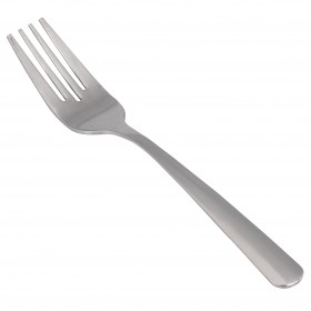 Stanton Trading FL145-06 windsor salad fork 6-1/8", heavy weight, stainless steel, pack in 12, featuring a simple and polished design. It has four evenly spaced tines with a slightly tapered shape. The handle is smooth, flat, and narrow, maintaining a minimalist look, perfect for salads and appetizers.