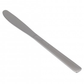 Stanton Trading FL145-08 windsor dinner knife 6", heavy weight, stainless steel, pack in 12 pieces featuring a smooth, rounded blade and a simple, polished handle. The design is minimalistic and functional, commonly used in restaurants and catering. The knife has a slightly tapered shape, with a gentle curve towards the tip for easy cutting.