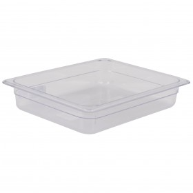 1/2 size steam table food pan stanton trading made from durable, clear polycarbonate, ensuring visibility and strength. With a 2.5-inch depth, it's ideal for storing and serving various foods in commercial kitchens or buffets.