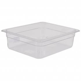 1/2 size steam table food pan stanton trading made from durable, clear polycarbonate, ensuring visibility and strength. With a 4-inch depth, it's ideal for storing and serving various foods in commercial kitchens or buffets.