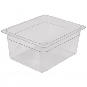 1/2 size steam table food pan stanton trading made from durable, clear polycarbonate, ensuring visibility and strength. With a 6-inch depth, it's ideal for storing and serving various foods in commercial kitchens or buffets.