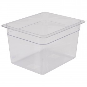 1/2 size steam table food pan stanton trading made from durable, clear polycarbonate, ensuring visibility and strength. With a 8-inch depth, it's ideal for storing and serving various foods in commercial kitchens or buffets.