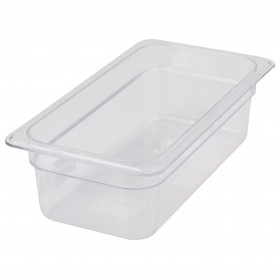 1/3 size steam table food pan stanton trading crafted from clear polycarbonate, offering durability and visibility. With a 4-inch depth, it's perfect for storing and displaying food in buffets, catering, or commercial kitchens.