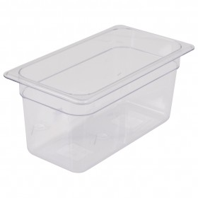 1/3 size steam table food pan stanton trading crafted from clear polycarbonate, offering durability and visibility. With a 6-inch depth, it's perfect for storing and displaying food in buffets, catering, or commercial kitchens.