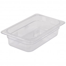 1/4 size steam table food pan stanton trading, made of clear polycarbonate with a 2.5-inch depth. It is ideal for food storage, preparation, and display.