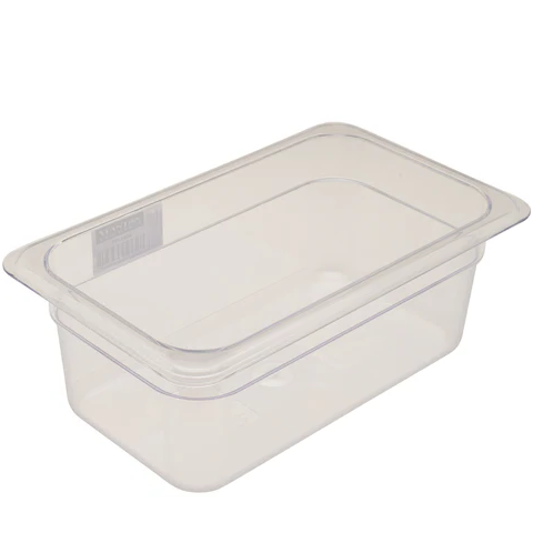 1/4 size steam table food pan stanton trading, made of clear polycarbonate with a 4-inch depth. It is ideal for food storage, preparation, and display.