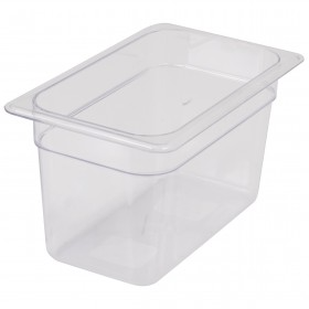1/4 size steam table food pan stanton trading, made of clear polycarbonate with a 6-inch depth. It is ideal for food storage, preparation, and display.
