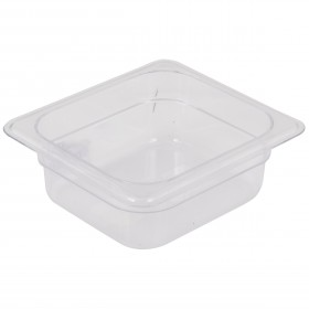 1/6 size steam table food pan stanton trading, crafted from clear polycarbonate with a 2.5-inch depth, perfect for organizing and serving smaller food portions.