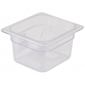 1/6 size steam table food pan stanton trading, crafted from clear polycarbonate with a 4-inch depth, perfect for organizing and serving smaller food portions.