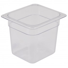 1/6 size steam table food pan stanton trading, crafted from clear polycarbonate with a 6-inch depth, perfect for organizing and serving smaller food portions.
