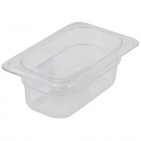 1/9 size steam table food pan stanton trading, made from clear polycarbonate with a 2.5-inch depth, ideal for small ingredient storage and efficient food presentation.