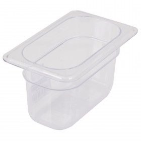 1/9 size steam table food pan stanton trading, made from clear polycarbonate with a 4-inch depth, ideal for small ingredient storage and efficient food presentation.