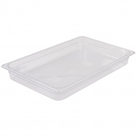full-size steam table food pan stanton trading made from durable, clear polycarbonate, allowing for easy food identification. With a 2.5-inch depth, it is ideal for food storage, preparation, and presentation in commercial kitchens and catering settings.