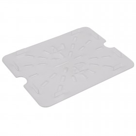 half-size food pan drain shelf stanton trading made from clear polycarbonate. It's designed to elevate food above the bottom of the pan, promoting drainage and keeping food fresher by reducing moisture buildup.