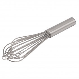 10-inch long stainless steel French whip stanton trading featuring a durable, rust-resistant design. Ideal for mixing, whisking, and blending ingredients with precision. The ergonomic handle ensures a comfortable grip for professional and home kitchen use.