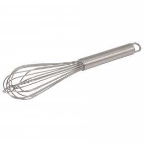 12-inch long stainless steel French whip stanton trading featuring a durable, rust-resistant design. Ideal for mixing, whisking, and blending ingredients with precision. The ergonomic handle ensures a comfortable grip for professional and home kitchen use.
