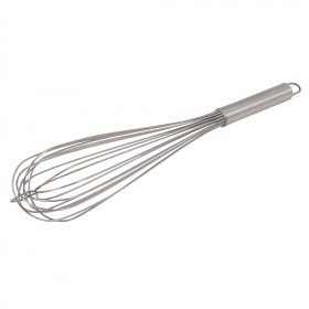 18-inch long stainless steel French whip stanton trading featuring a durable, rust-resistant design. Ideal for mixing, whisking, and blending ingredients with precision. The ergonomic handle ensures a comfortable grip for professional and home kitchen use.