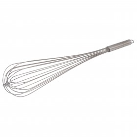 24-inch long stainless steel French whip stanton trading featuring a durable, rust-resistant design. Ideal for mixing, whisking, and blending ingredients with precision. The ergonomic handle ensures a comfortable grip for professional and home kitchen use.