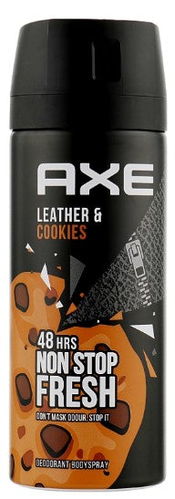 AXE Body Spray Cookies & Leather 150 ml can with brown and black design.