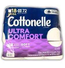 Cottonelle Ultra Comfort Mega Roll bath tissue, 18-pack with 72,268 sheets.