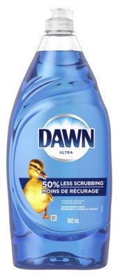 Dawn Ultra Original Dishwashing Liquid, 473 mL bottle, cuts grease and cleans dishes effectively while being gentle on hands.