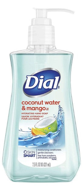 Dial Liquid Hand Soap with coconut water and mango scent, 7 fl oz bottle for everyday handwashing.