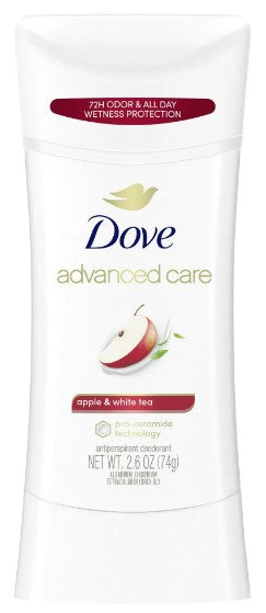 Dove Advanced Care antiperspirant deodorant with apple and white tea scent, 2.6 Oz stick.