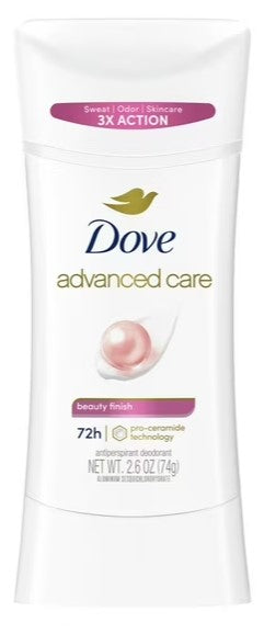 Dove Advanced Care Antiperspirant Deodorant Beauty Finish 2.6 oz providing 48-hour odor and sweat protection.