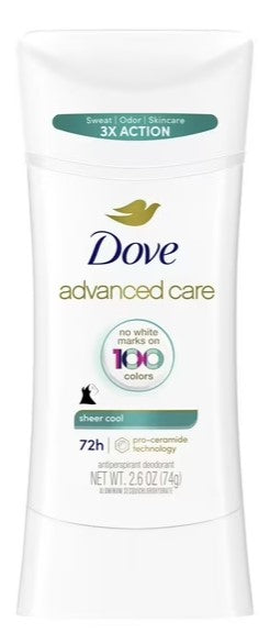 Dove Advanced Care Antiperspirant Deodorant Invisible Sheer Cool 2.6 oz with 48-hour sweat and odor protection.