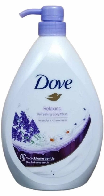 Dove Body Wash Lavender & Chamomile 33.8 oz (1 L) with pump, moisturizing and gently scented for soft, smooth skin.