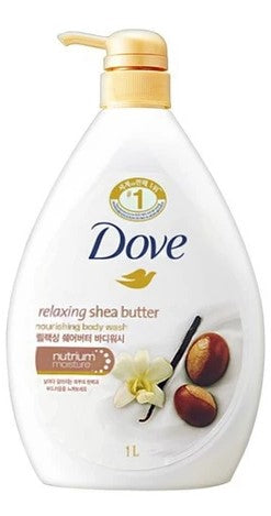 Dove Body Wash Shea Butter 33.8 oz (1 L) with pump, moisturizing and gently scented for soft, smooth skin.