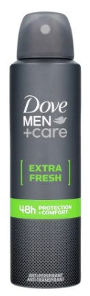 Dove Men+Care Extra Fresh antiperspirant deodorant spray for men, 150 ml, with long-lasting freshness and sweat protection.