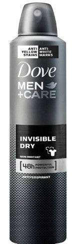 Dove Men+Care Invisible Dry antiperspirant deodorant spray for men, 150 ml, helps prevent white marks and yellow stains with long-lasting protection.