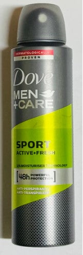 Dove Men+Care Sport Active & Fresh antiperspirant deodorant spray for men, 150 ml, provides long-lasting sweat and odor protection with a fresh sporty scent.
