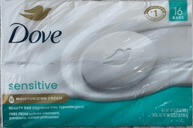 Dove Sensitive Skin Beauty Bar Soap 3.75 oz, 16-count pack, gentle moisturizing soap for delicate skin.