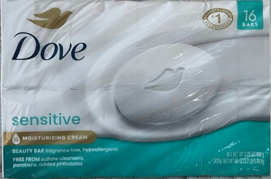 Dove Sensitive Skin Beauty Bar Soap 3.75 oz, 16-count pack, gentle moisturizing soap for delicate skin.