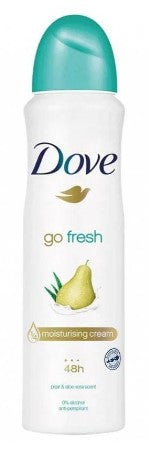 Dove Pear & Aloe antiperspirant deodorant spray, 150 ml, offers long-lasting sweat and odor protection with a fresh pear and aloe scent.