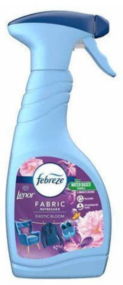 Febreze Fabric Refresher Spray in Exotic Bloom scent, 500 ml bottle for eliminating odors and freshening fabrics.